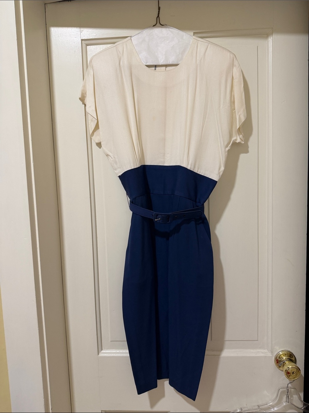 Rabbit Rabbit Rabbit Cream and Navy Colorblock Belted Midi Dress